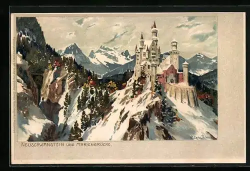 Künstler-AK Zeno Diemer: Schloss Neuschwanstein und Marienbrücke im Winter