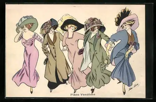 Künstler-AK Xavier Sager: Place Vendome, 5 Damen in Kleidern mit Hüten