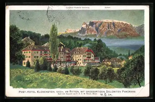 Künstler-AK F.A.C.M. Reisch: Klobenstein am Ritten, Hotel-Pension Post mit grossartigem Dolomitenpanorama