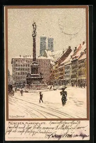 Künstler-AK Zeno Diemer: München, Marienplatz im Winter, Denkmal