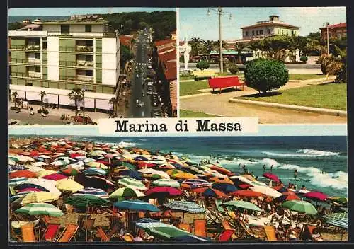 AK Marina di Massa, Strassenpartie aus der Vogelschau, Strand