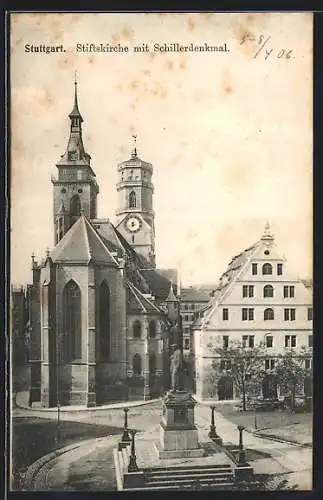 AK Stuttgart, Stiftskirche mit Schillerdenkmal