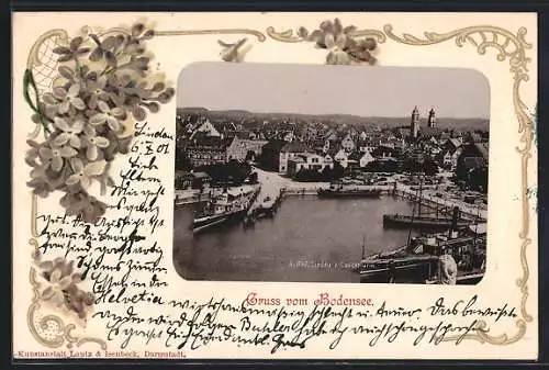 Passepartout-AK Lindau /Bodensee, Blick vom Leuchtturm, Fliederblüten