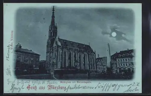 Mondschein-AK Würzburg, Marktplatz mit Marienkapelle