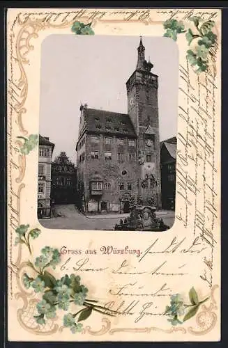 AK Würzburg, Rathaus mit Brunnen, Vergissmeinnicht, Passepartout