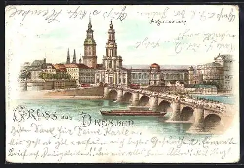 Lithographie Dresden, Ortspartie an der Augustusbrücke