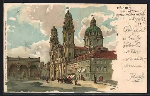 Künstler-Lithographie Gottfried Graf: München, St. Cajetan Theatiner-Hofkirche, Pferdekutsche