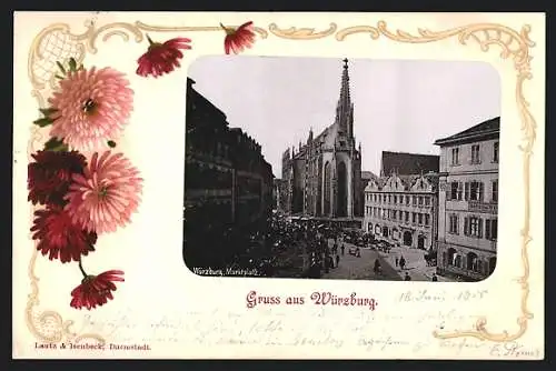 Lithographie Würzburg, Marktplatz, Blühende Blumen