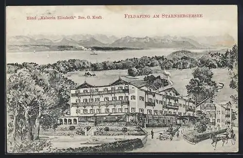 Künstler-AK Feldafing, Hotel Kaiserin Elisabeth v. G. Kraft mit Starnberger See im Hintergrund