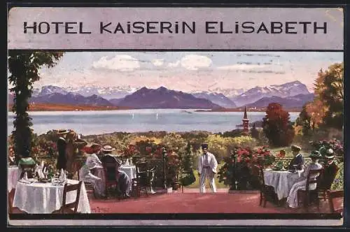 Künstler-AK Feldafing /Starnbergersee, Hotel Kaiserin Elisabeth, Blick von der Terrasse