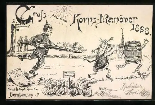 Künstler-AK Bernhausen a. F., Korps-Manöver 1898, Soldat auf der Jagd nach Lebensmitteln mit Beinen, Karikatur