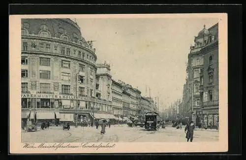 AK Wien, Mariahilferstrasse, Centralpalast, mit Strassenbahn