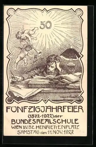 Künstler-AK Wien, Bundesrealschule Henriettenplatz, 50 Jahrfeier 1872-1922, Engel fliegen um einen Schüler