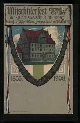 Künstler-AK Ganzsache Bayern PP15C149: Nürnberg, Mitschülerfest ehem. Schüler der kgl. Kreisrealschule 1908