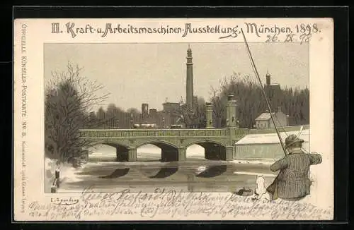 Lithographie Ganzsache Bayern PP15C2 /08: München, II. Kraft- u. Arbeitsmaschinen-Ausstellung 1898, Angler mit Hund