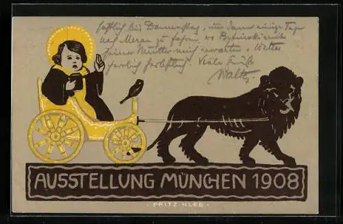 Künstler-AK München, Ausstellung 1908, Münchner Kindl vom Löwen gezogen, Ganzsache Bayern 5 Pfennig