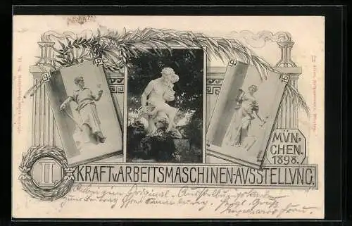 AK München, II. Kraft- und Arbeitsmaschinen-Ausstellung 1898, Skulpturen, Ganzsache Bayern 5 Pfennig