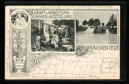 AK München, II. Kraft- & Arbeitsmaschinen-Ausstellung 1898, Garten, Ganzsache Bayern 5 Pfennig