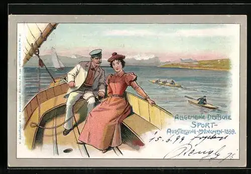 Lithographie München, Allgemeine Deutsche Sport-Ausstellung 1899, Törn mit dem Segelboot, Ganzsache Bayern 5 Pfennig