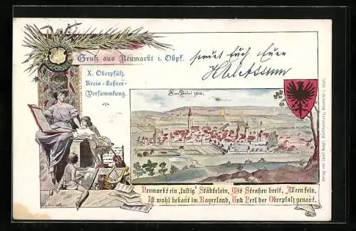 Künstler-AK Ganzsache Bayern PP15D48: Neumarkt i. Obpf., X. Oberpfälz. Kreis-Lehrer-Versammlung, Ortsansicht von 1610