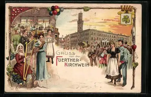 Lithographie Fürth, Kirchweih, Festbesucher am Rathaus, Harfnerin, Wappen, Ganzsache Bayern