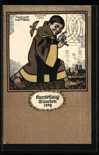 Künstler-AK sign. Müller-Hofmann: München, Ausstellung 1908, Münchener Kindl, Ganzsache Bayern 5 Pfennig
