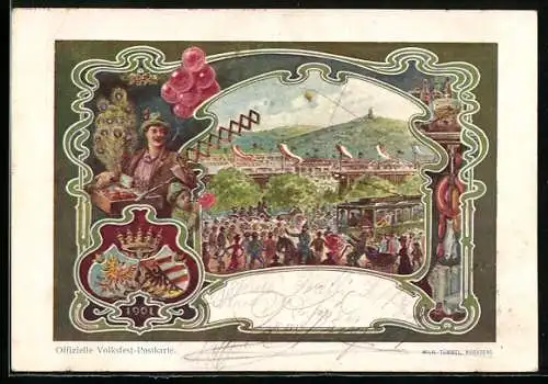 Künstler-AK Ganzsache Bayern PP15C38 /01: Nürnberg, Volksfest 1901, Verkäufer und Wappen