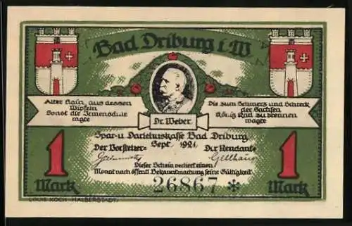 Notgeld Bad Driburg 1921, 1 Mark, Dr. Weber Porträt und Stadtansicht mit Kirche