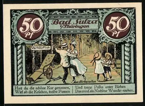 Notgeld Bad Sulza / Thüringen 1921, 50 Pf, Tanzende Paare und Kinder, Gradierhaus-Szene