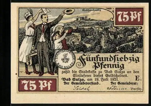 Notgeld Bad Sulza, 1921, 75 Pfennig, Stadtansicht und Willkommensgruss, Rückseite zeigt Gradierwerke