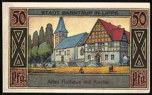 Notgeld Barntrup 1921, 50 Pfennig, Altes Rathaus mit Kirche, Gutschein über fünfzig Pfennig