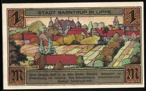 Notgeld Barntrup, 1921, 1 Mark, Stadtansicht und Stadtwappen mit Gültigkeitshinweis