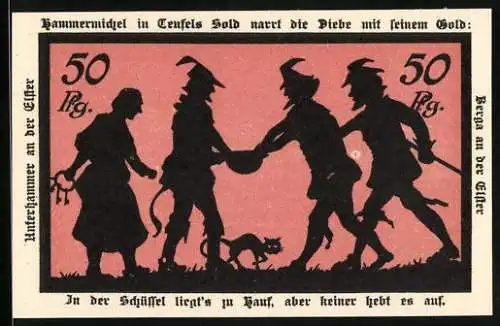 Notgeld Berga an der Elster, 1921, 50 Pfennig, Silhouetten und Landschaftsdarstellungen