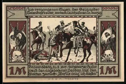 Notgeld Belgard, 1 Mark, Schwarzer Husar mit zurückgewiesenem Angebot des Feindes, Totenkopf