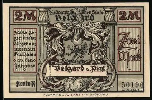 Notgeld Belgard, 2 Mark, Wappen und Generalfeldmarschall von Mackensen