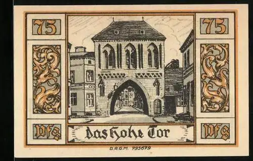 Notgeld Belgard, 75 Pf, das Hohe Tor und Stadtwappen mit Greif