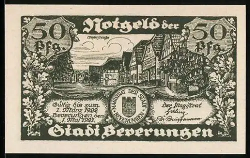 Notgeld Beverungen 1921, 50 Pf, Fachwerkhäuser und Kartenspielszene