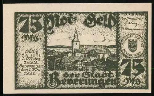 Notgeld Beverungen 1921, 75 Pfennig, Stadtansicht und humorvolle Szene mit Rasur und Bier