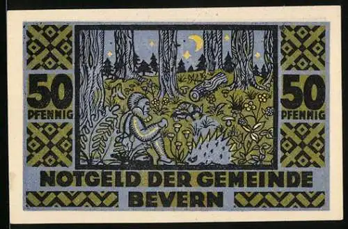 Notgeld Bevern, 1921, 50 Pfennig, Waldszene mit Mond und Sternen, Rückseite mit Männchen und Pilz