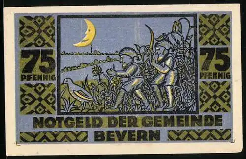 Notgeld Bevern, 1921, 75 Pfennig, zwei Figuren im Feld mit Mond und Vogel, Rückseite mit Gnom und Pilz