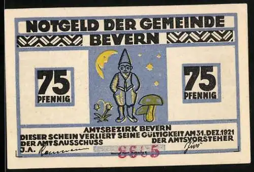 Notgeld Bevern, 1921, 75 Pfennig, Gnom und Naturillustrationen bei Nacht