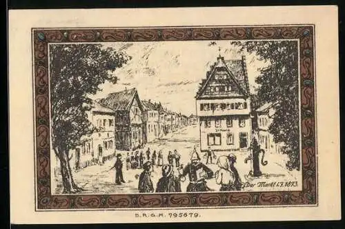 Notgeld Brühl bei Köln, 1921, 50 Pfennig, Illustration vom Marktplatz und Wappen der Stadt