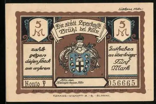 Notgeld Brühl bei Köln, 1921, 5 Mark, Sparkasse-Schein mit Stadtwappen und Bergbauszene, Serie 056665