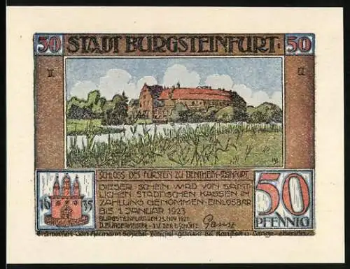 Notgeld Burgsteinfurt 1921, 50 Pfennig, Schlossansicht und Billardspielszene