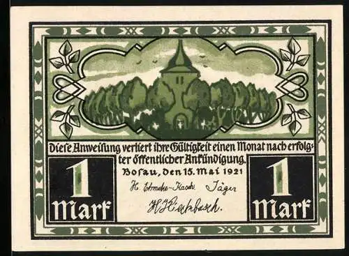 Notgeld Bosau, 1921, 1 Mark, Kirche und Landschaft mit Bäumen, Rückseite zeigt Kirchspiel Bosau