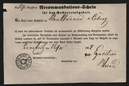 B11771 Thurn & Taxis Recommandations - Schein Koestritz 1864 nach Coburg