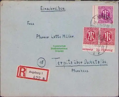 B16865 AM Post Brief Einschreiben Augsburg nach Terpitz über Oschatz 25.1.1946
