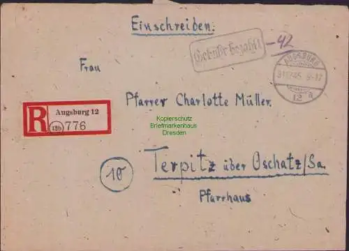 B16873 AM Zone Augsburg Einschreiben Gebühr bezahlt 31.12.45 nach Terpitz über