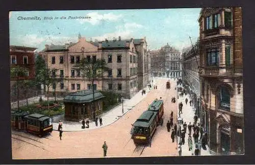 100562 Ansichtskarte Chemnitz Poststrasse 1908 Staßenbahn