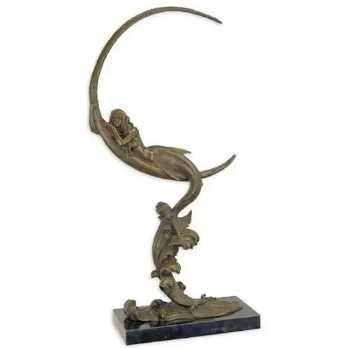 Bronze Skulptur auf Marmor Block Halbmond Meerjungfrau H 65 L 14 NLBE-68